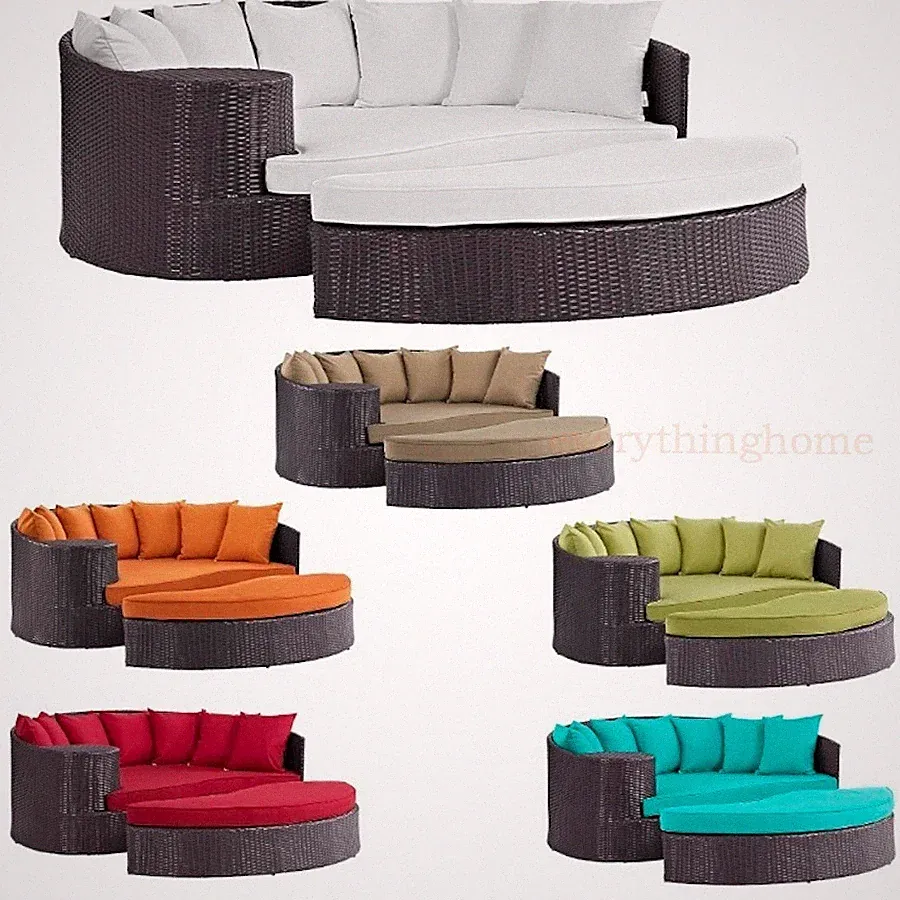 Outdoor Patio Brown Rattan Round Day Bed Lounge Sofa UV Resist. Synthetic Rattan