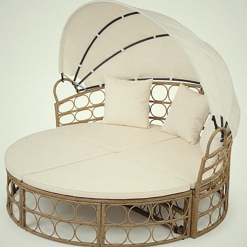 Outdoor Patio Daybed w/ Retractable Canopy & Cushions, Round Sectional Couch