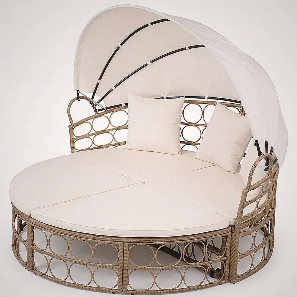 Outdoor Patio Daybed with Retractable Canopy & Cushions, Round Sectional Couch