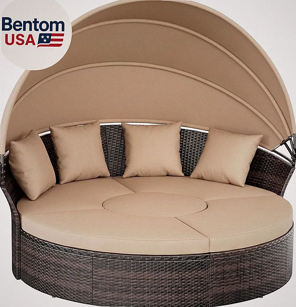 Outdoor Patio Daybed with Retractable Canopy, Wicker Rattan Sectional round Sofa