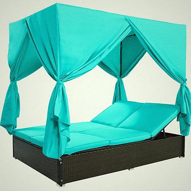 Outdoor Patio Double Sunbed,Wicker Daybed Adjustable Seats w/Cushions Curtains