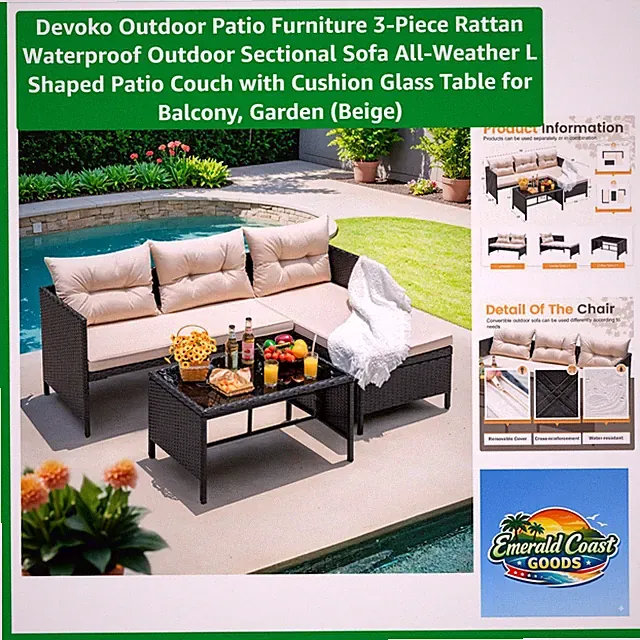 Outdoor Patio Furniture 3-Piece Rattan Waterproof Outdoor Sectional Sofa All-...