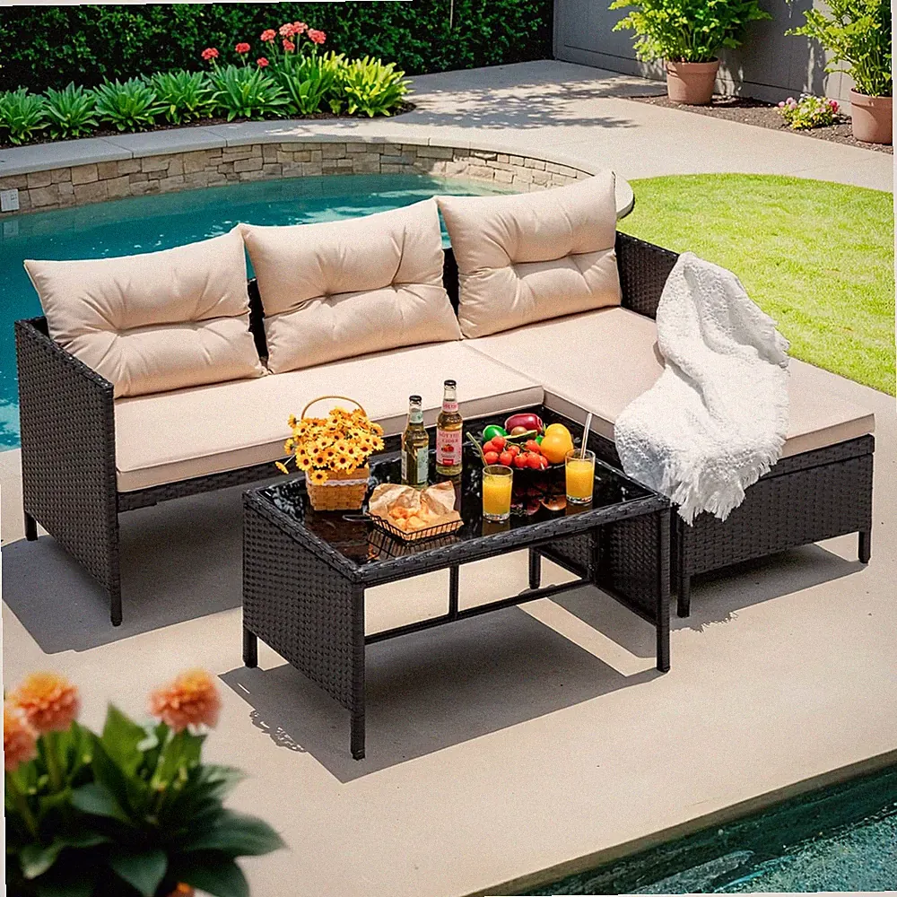 Outdoor Patio Furniture 3-Piece Rattan Waterproof Outdoor Sectional Sofa All-Wea