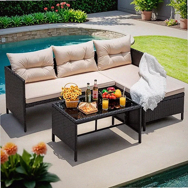 Outdoor Patio Furniture 3-Piece Rattan Waterproof Sectional L Shaped Sofa Couch