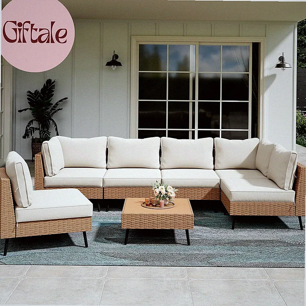 Outdoor Patio Furniture, 7 Piece Outdoor Sectional Sofa PE Rattan Wicker Patio C