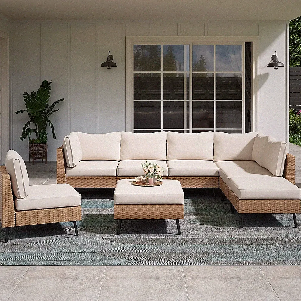 Outdoor Patio Furniture, 8 Piece Outdoor Sectional Sofa PE Rattan Wicker Patio C