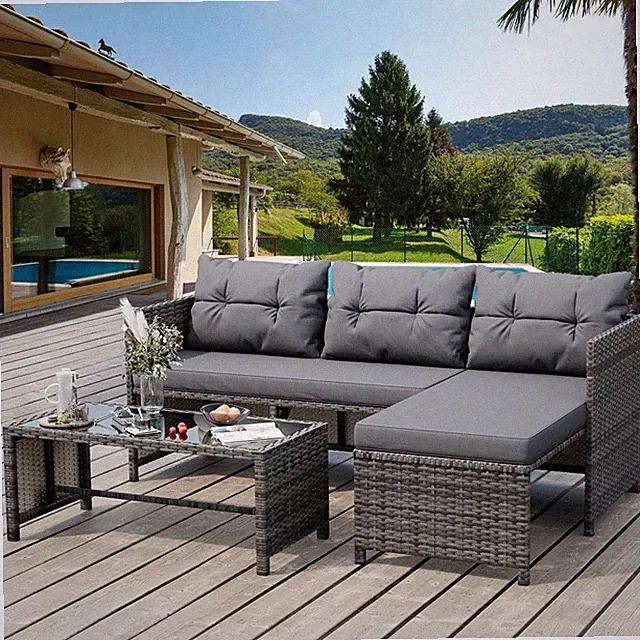 Outdoor Patio Furniture Set 3 Piece Wicker Rattan Conversation Sofa Gray Pieces