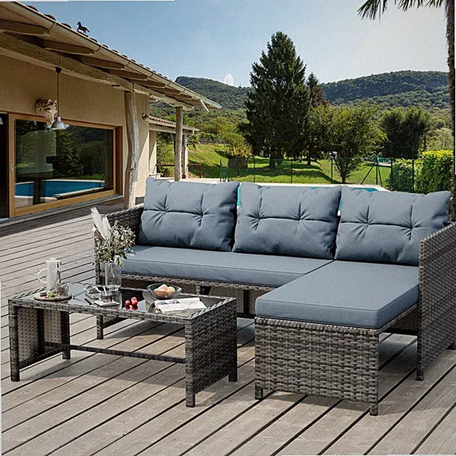 Outdoor Patio Furniture Set 3 Pieces Wicker Rattan Conversation Sofa Shintenchi