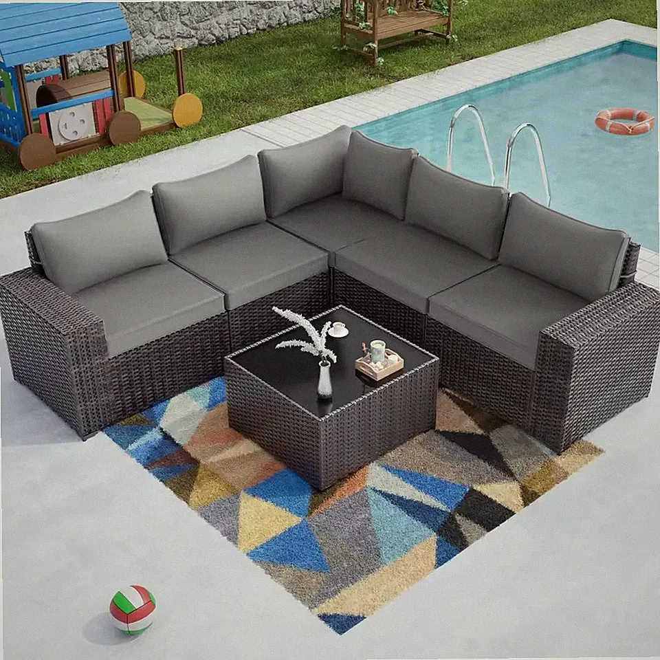 Outdoor Patio Furniture Set 6 Pieces Sectional Rattan Wicker Sofa Set Brown PE