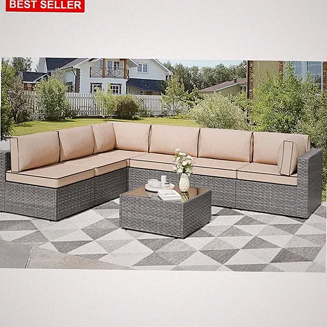 Outdoor Patio Furniture Set 7 Pc Sectional Sofa Couch Gray PE Wicker Steel Frame