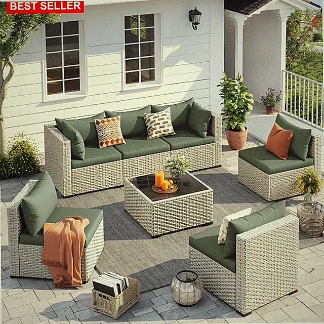 Outdoor Patio Furniture Set 7 Pcs Rattan Cushions Square Coffee Table Garden