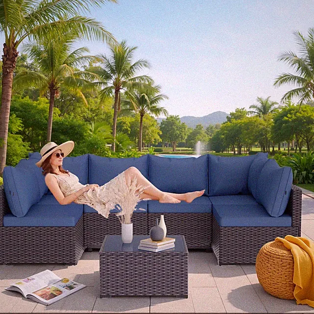 Outdoor Patio Furniture Set 7-Piece PE Wicker Sectional Sofa w/ Tea Table