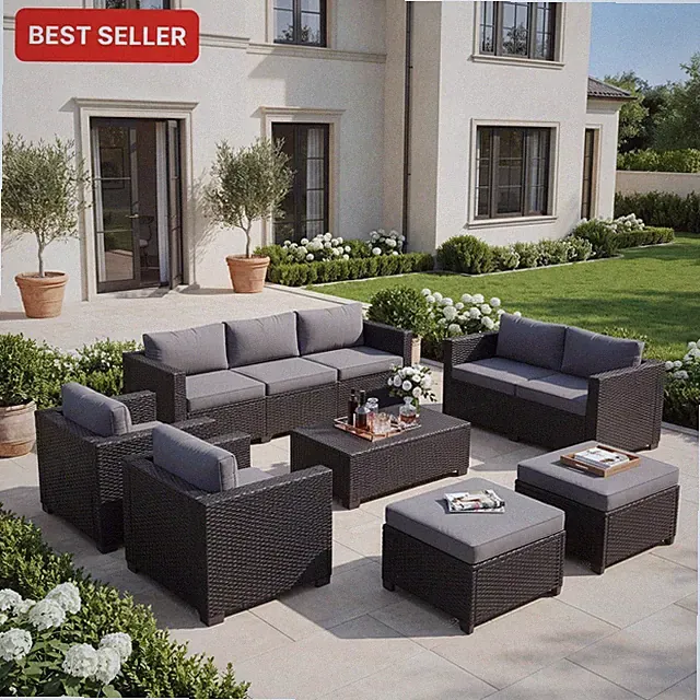 Outdoor Patio Furniture Set 7 Pieces Rattan Cushions Ottomans Waterproof Cove...