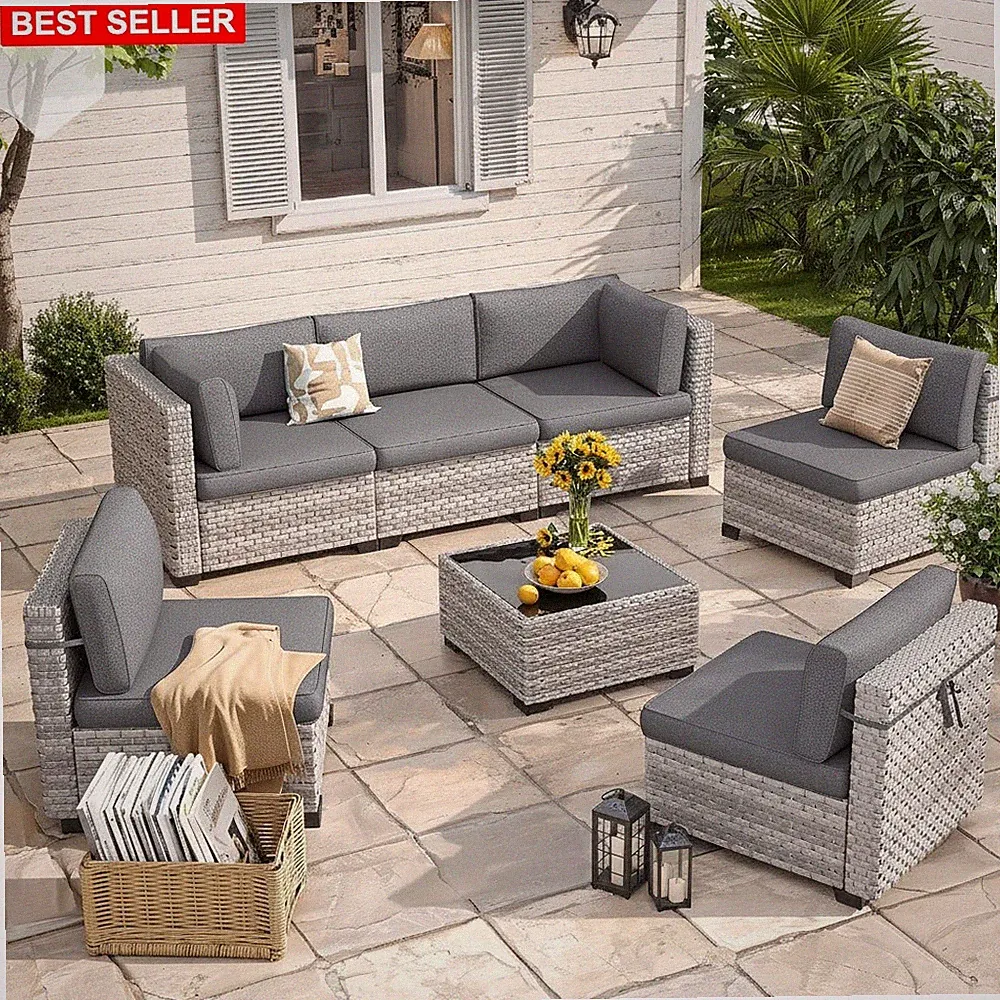 Outdoor Patio Furniture Set Charcoal Gray Modular Sectional Rain-Resistant Cu...