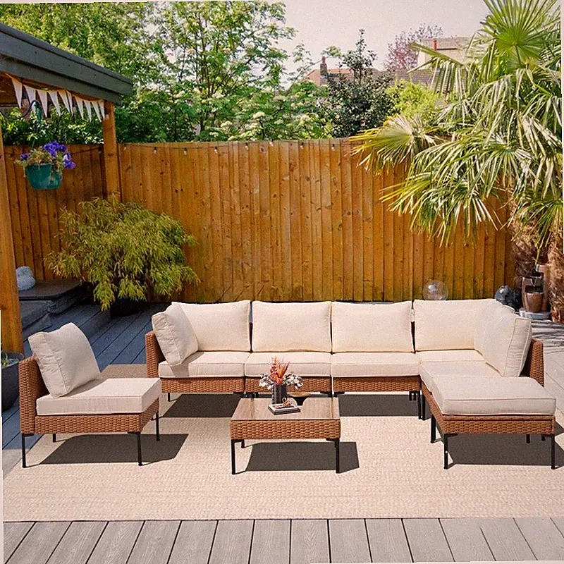 Outdoor Patio Furniture Set Sectional Sofa Rattan Chairs Glass Table Wicker Sofa