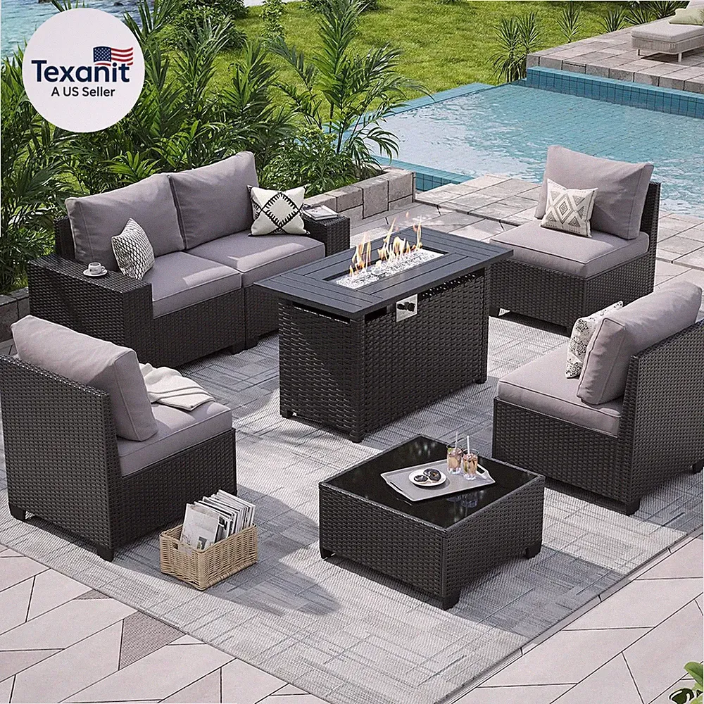 Outdoor Patio Furniture Set with 44'' Fire Pit Table, 7 Pcs Outdoor Sectional wi