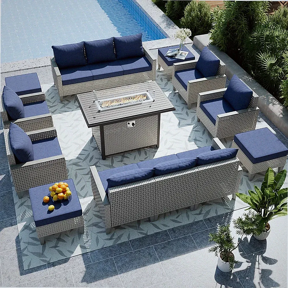 Outdoor Patio Furniture Set with Fire Pit Table 15-Piece Modular Wicker Sectiona