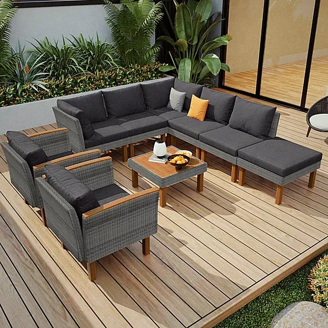 Outdoor Patio Furniture Sets, Free Combination Rattan Sofa with Wood Tabletop, 9