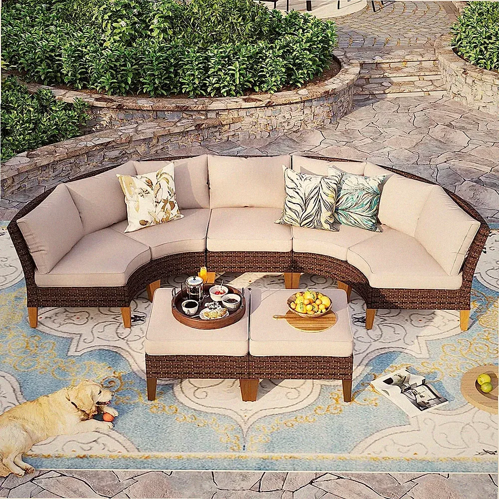 Outdoor Patio Furniture Sets Half-Moon Curved Sectional Sofa Rattan Wicker Set