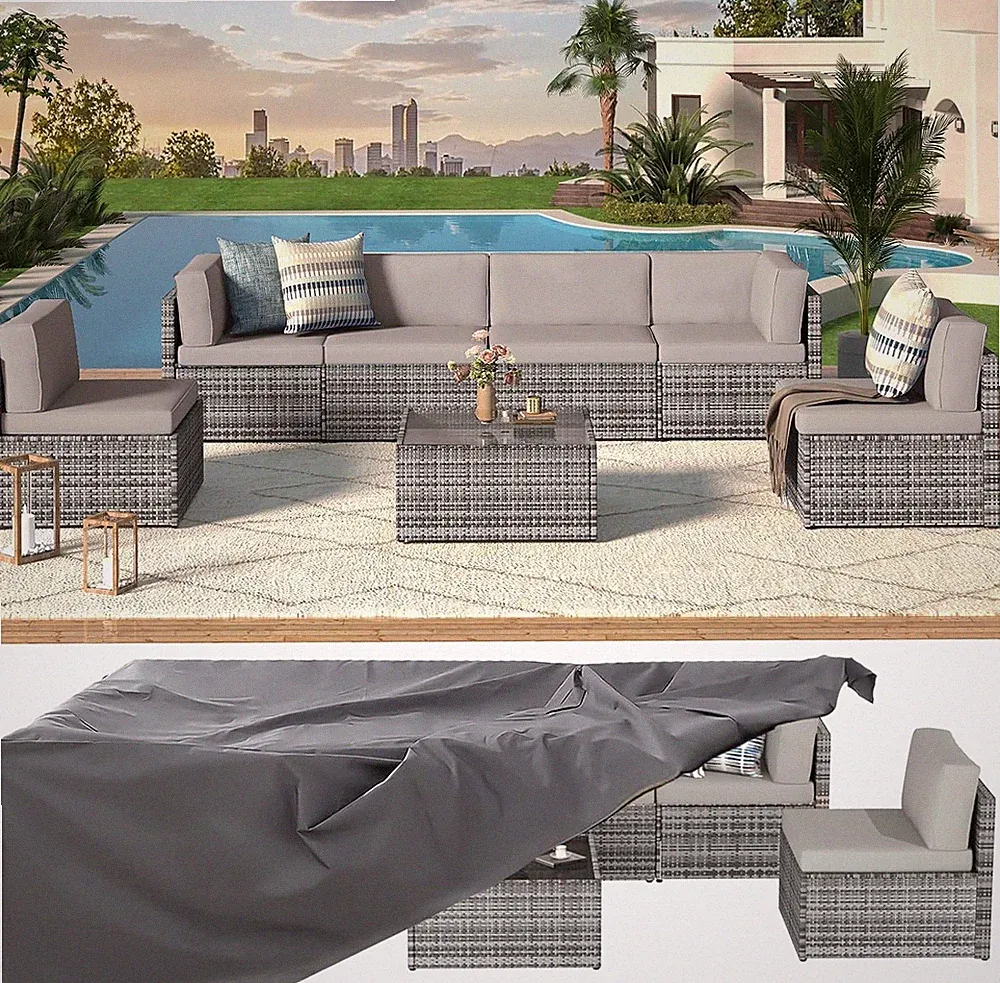 Outdoor Patio PE Rattan Sectional Sofa Set with Gray Cushions and Table, Garden