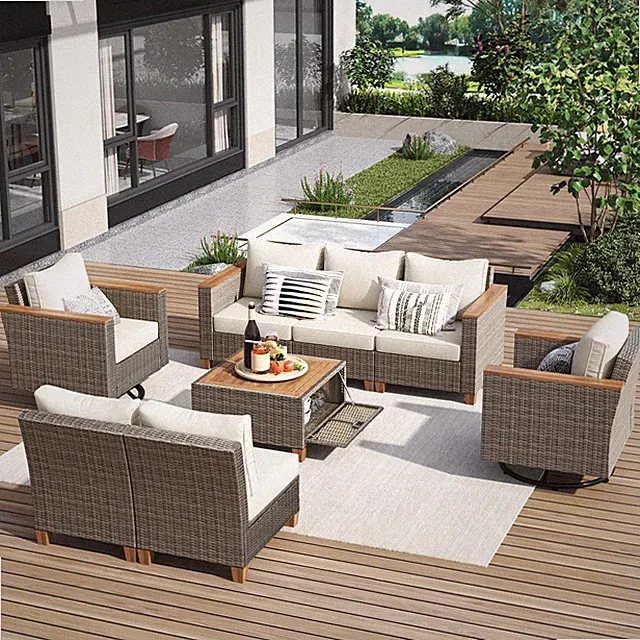 Outdoor Patio Rattan Conversation Furniture Set with Coffee Table, Rocking Chair