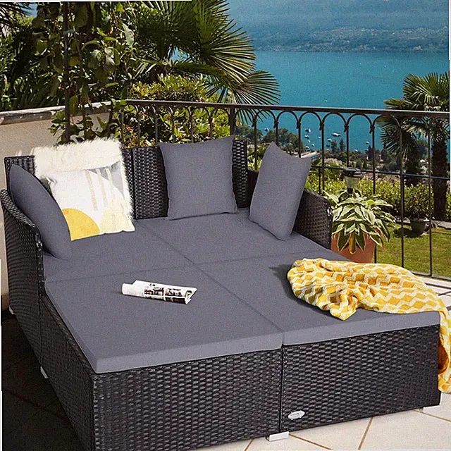 Outdoor Patio Rattan Daybed Pillows Cushioned Sofa Furniture