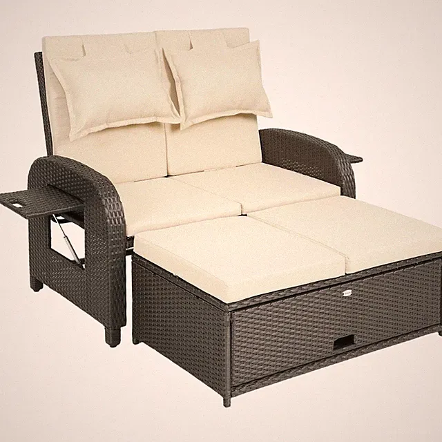 Outdoor Patio Rattan Daybed w/ Storage Ottoman, Beige