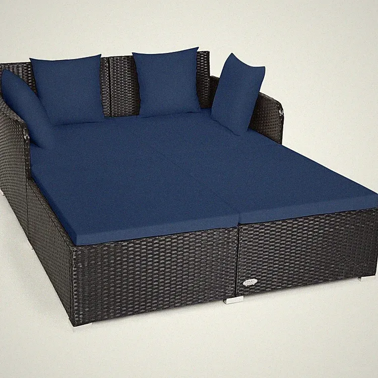 Outdoor Patio Rattan Daybed Wicker Sofa Deck Furniture w/Cushions & Pillows Navy