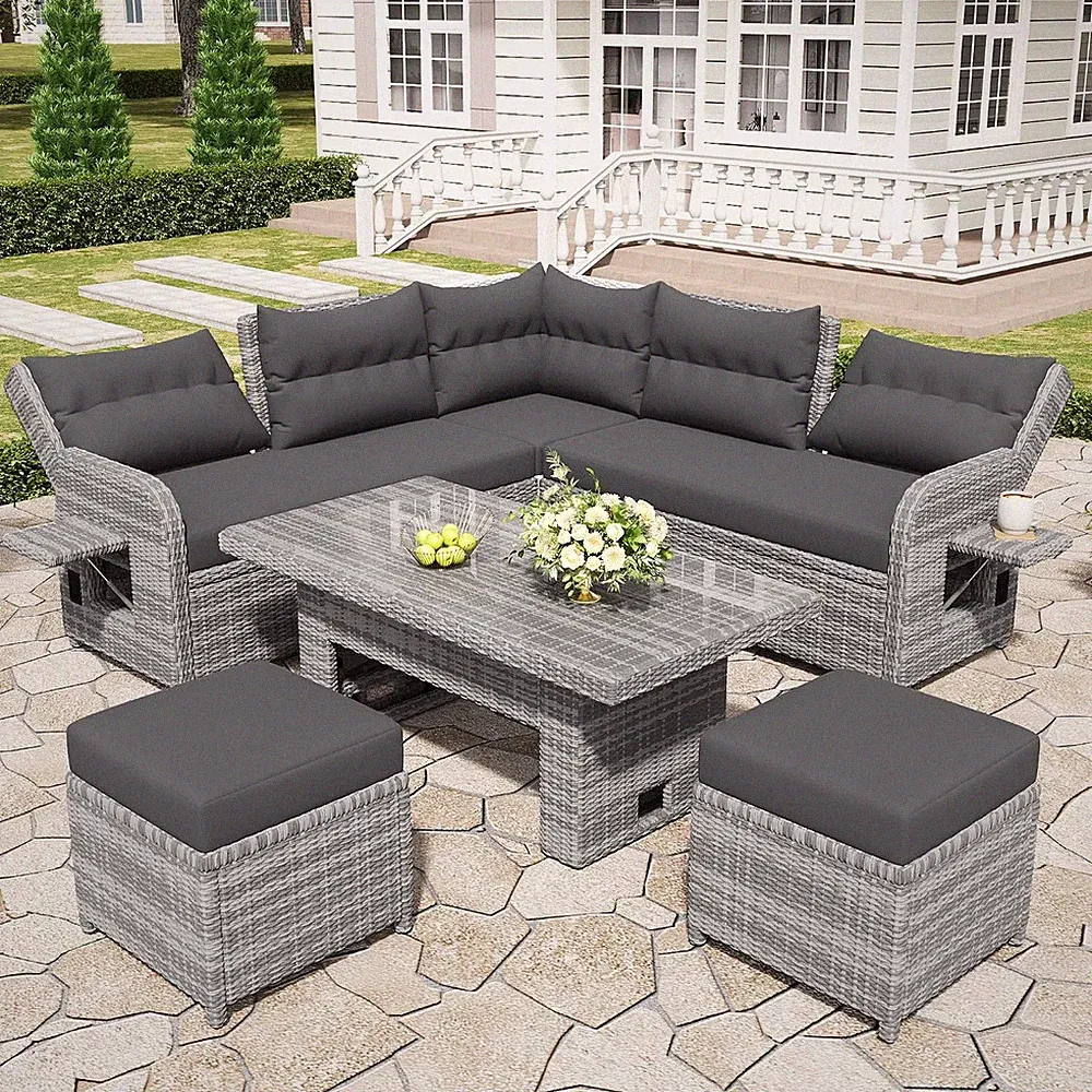 Outdoor Patio Rattan Sectional Sofa Set with Adjustable Height Table and 2 Ottom