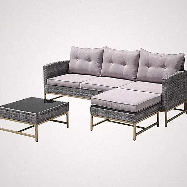 Outdoor Patio Sectional Furniture PE Wicker Rattan Sofa Set W/ Grey Cushions