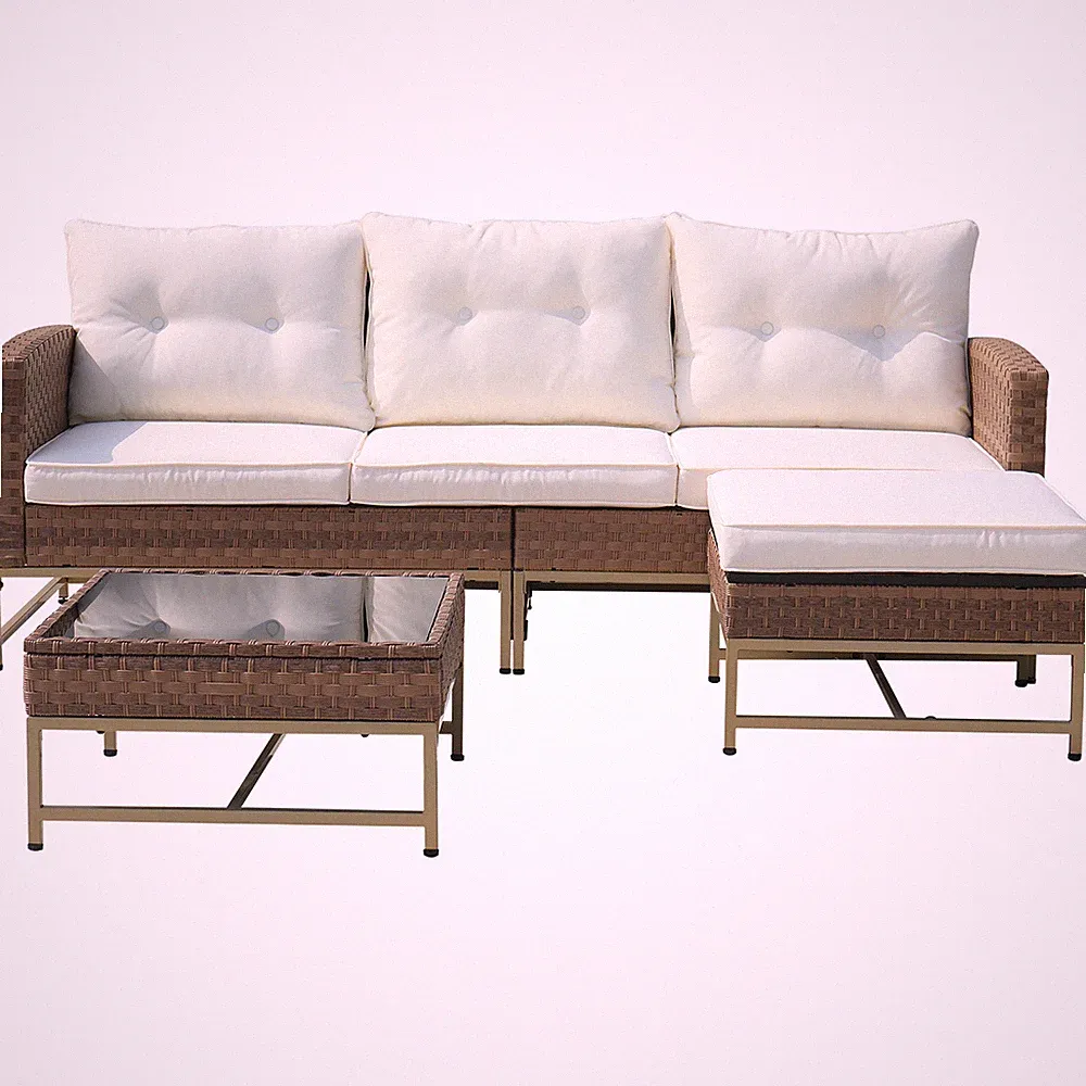 Outdoor Patio Sectional Furniture PE Wicker Rattan Sofa Set W/ White Cushions