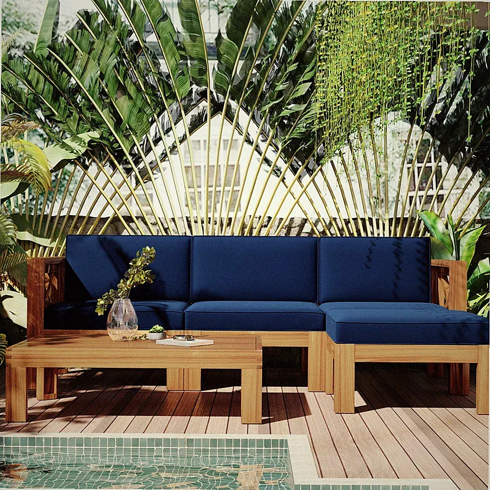 Outdoor Patio Sectional Set Acacia Wood Natural Blue Cushions 5 Piece