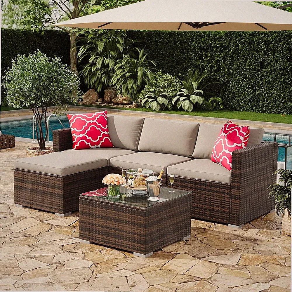 Outdoor Patio Sectional Sofa Set 5pcs L-Shaped PE Rattan Conversation Furniture