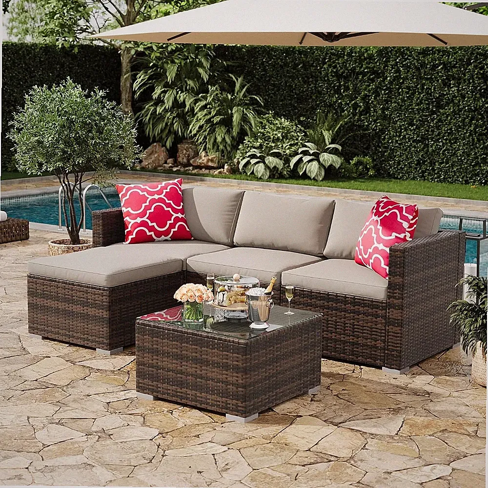 Outdoor Patio Sectional Sofa Set 5pcs L-Shaped PE Rattan Conversation Furniture