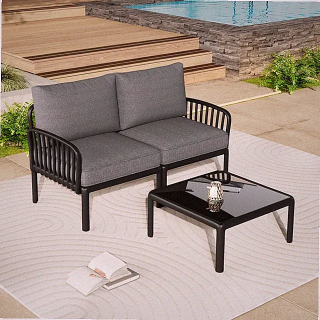 Outdoor Patio Sectional Sofa Set with Table & 2 Deep Seat Cushions