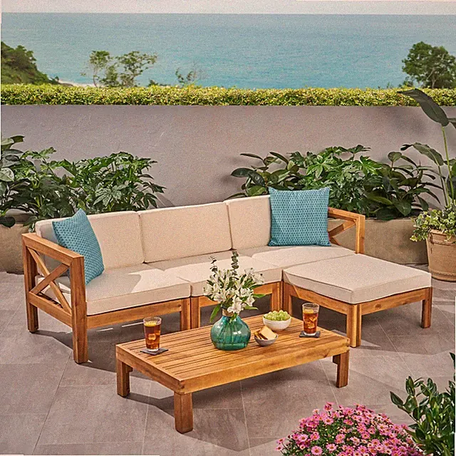 Outdoor Patio Sofa Set L-Shape with Coffee Table & Ottoman, Beige Acacia Wood