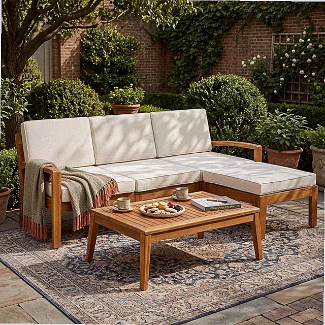 Outdoor Patio Sofa Set with Ottoman & Table, 3-Piece L-Shape, Acacia Wood