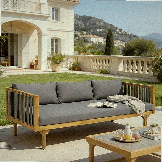 Outdoor Patio Sofa with Dark Grey Cushion & Grey rope, Acacia Wood Teak Finish