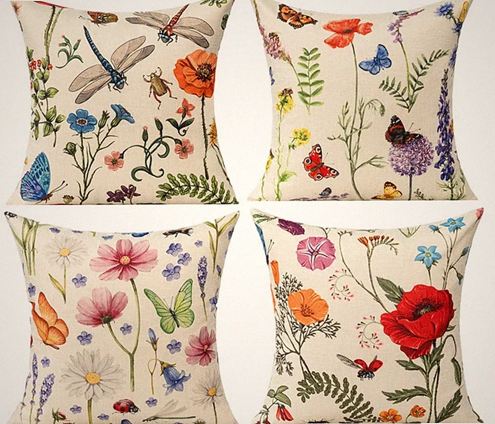 Outdoor Patio Throw Pillow Covers 18x18 Set of 4 Spring Summer Garden Flowers...