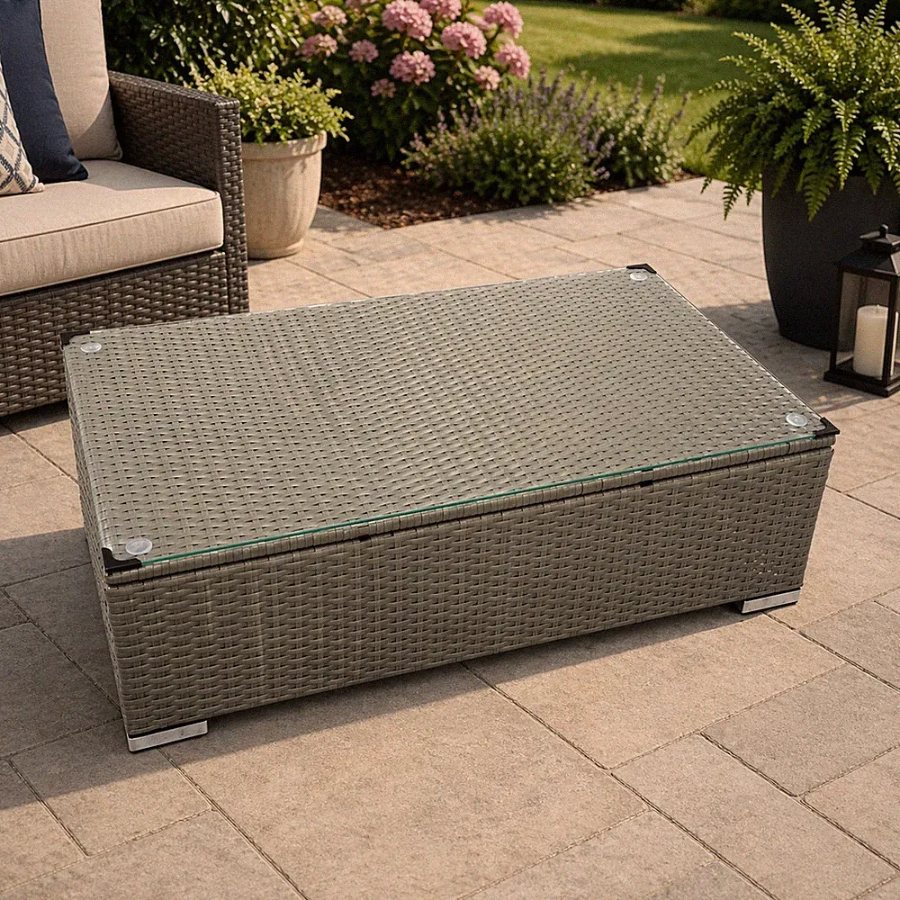 Outdoor Patio Wicker Coffee Table Gray Glass Top Rattan Low Profile 39x23.5x12.5