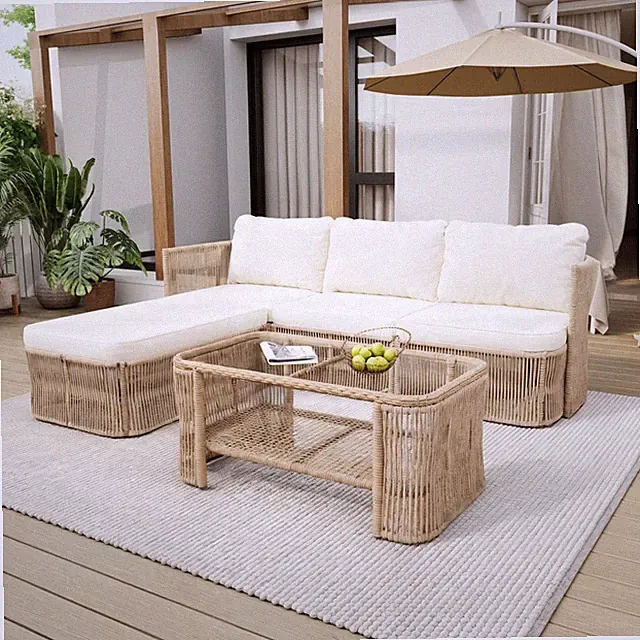 Outdoor PE Rattan Patio Furniture Set, Dark Beige Wicker Sofa with Iron Frame