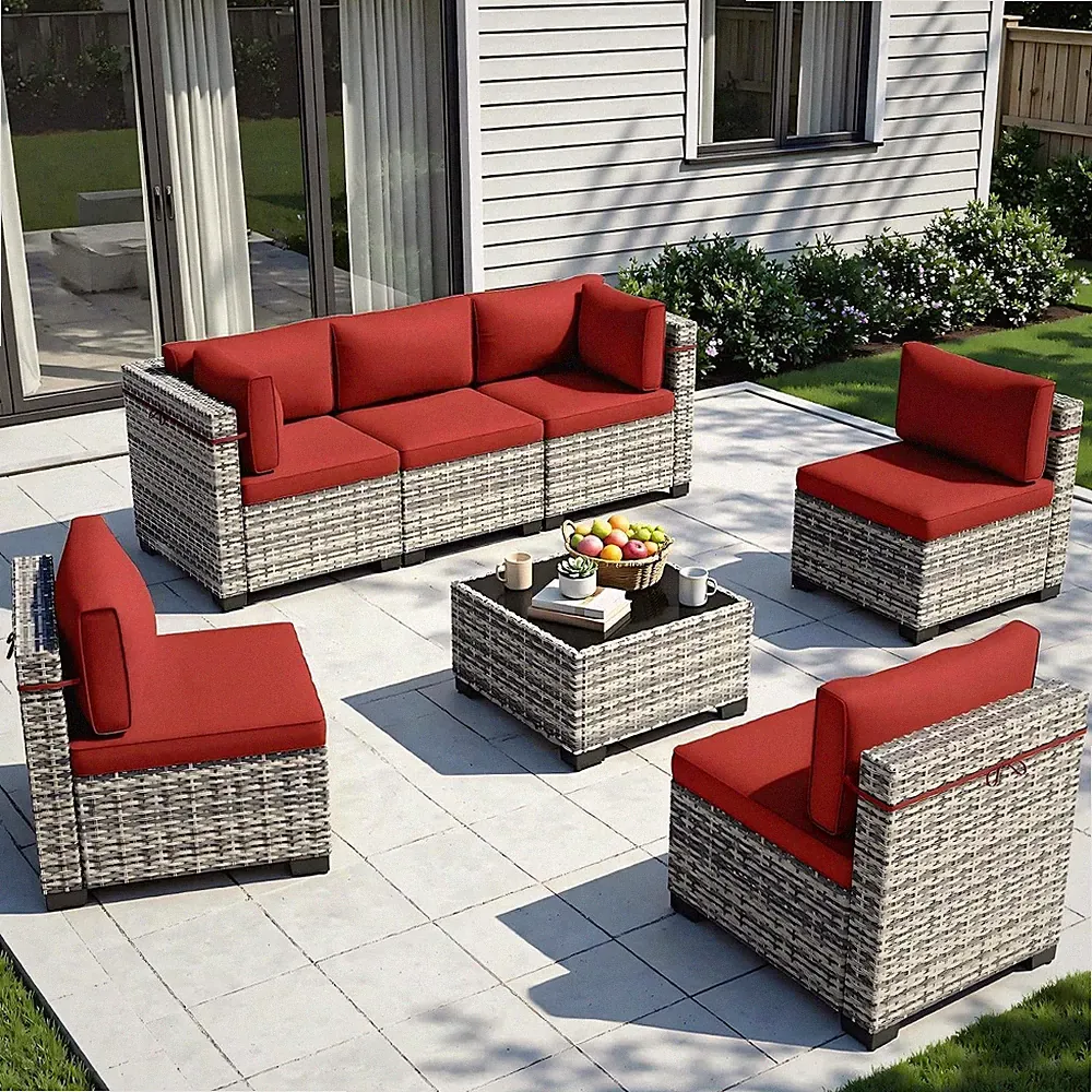 Outdoor PE Wicker Rattan Modular Patio Sectional Sofa Set | 7-Piece: 6 Modular S