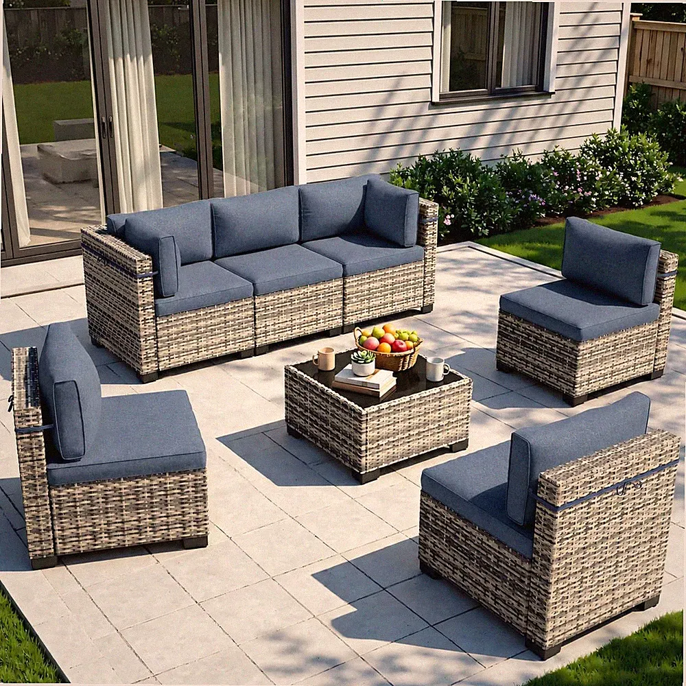 Outdoor PE Wicker Rattan Modular Patio Sectional Sofa Set | 7-Piece: 6 Modular S