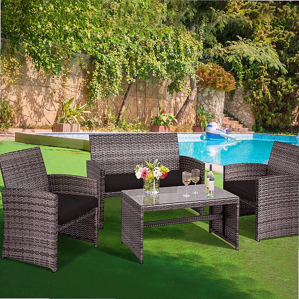 Outdoor Rattan 4Pcs PE Wicker Patio Furniture Set Sectional Sofa Chair Table New