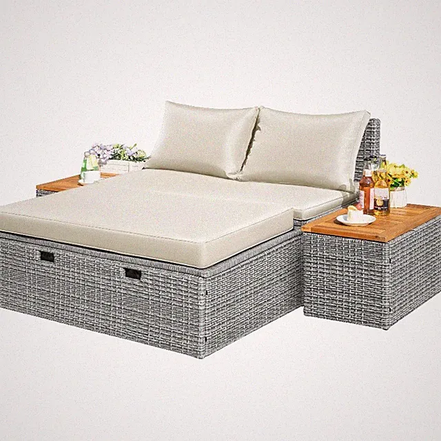 Outdoor Rattan Daybed with 2 Side Tables Multifunctional Wicker Patio Sofa
