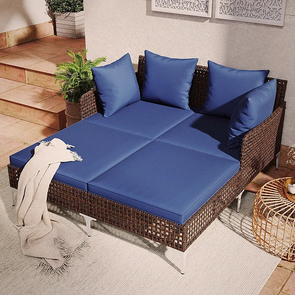 Outdoor Rattan Double Daybed Wicker Chaise Lounge Navy Patio Garden Sofa Bed