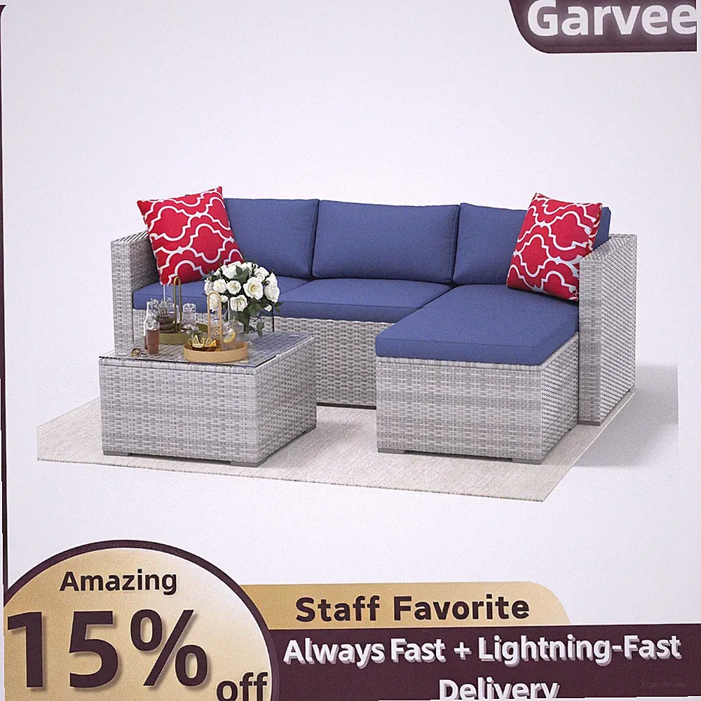 Outdoor Rattan Furniture Set 5-Piece Sofa Ottoman Glass Table Non-Slip Cushions