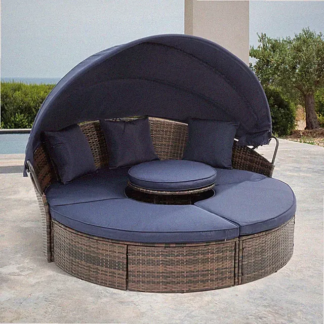 Outdoor Rattan Round Canopy Daybed Sofa Bed with Lift Table & Cushions