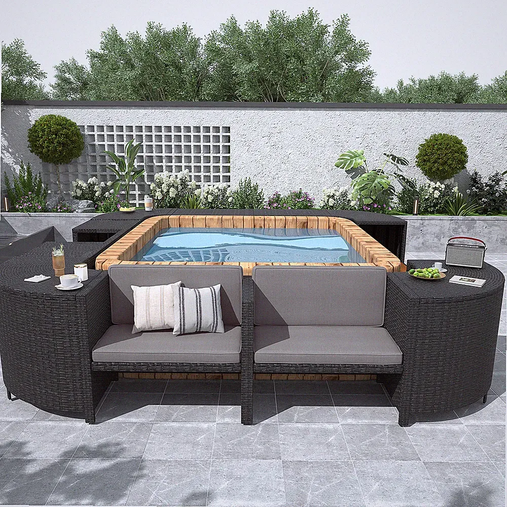 Outdoor Rattan Spa Surround Sectional Sofa Set with Storage, Grey