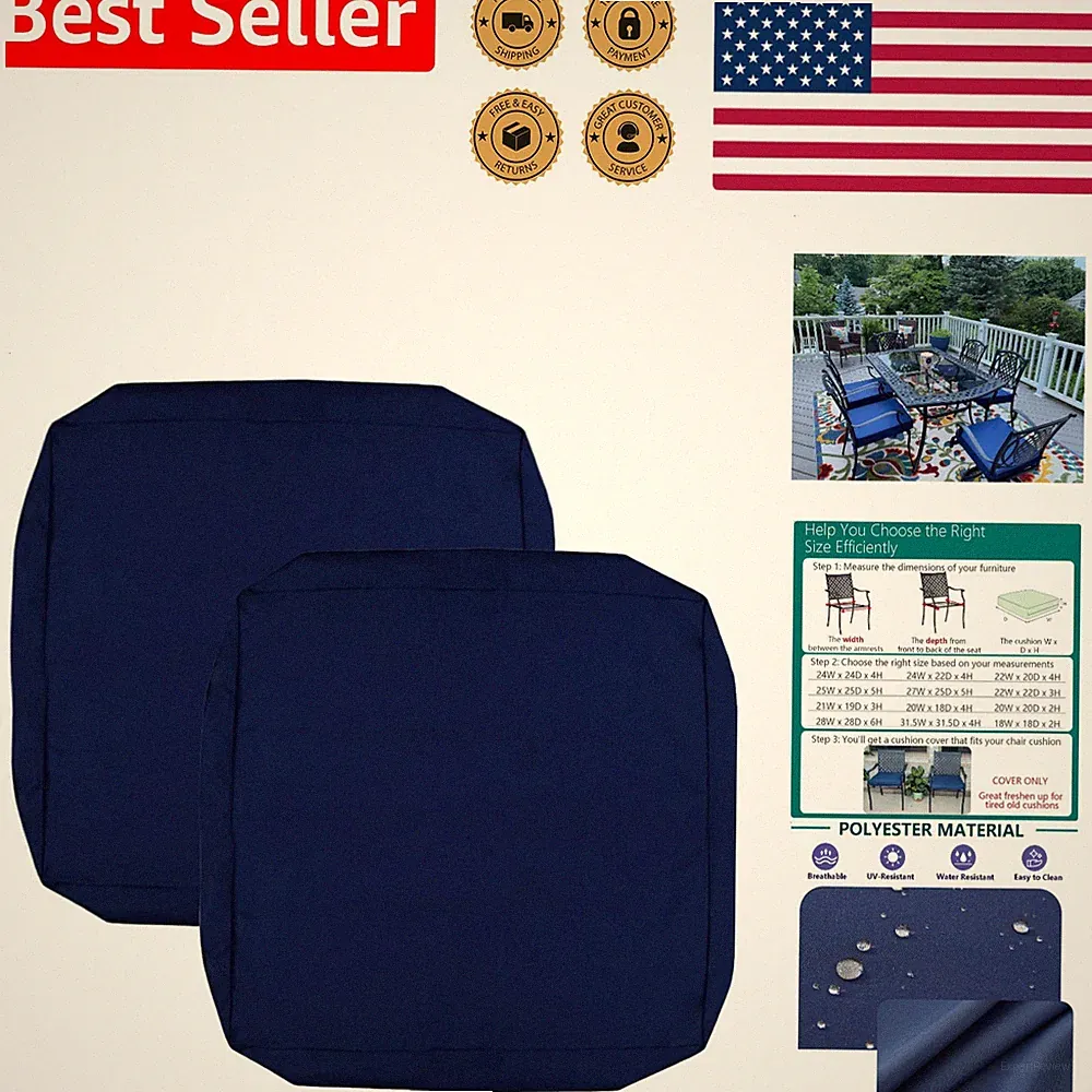 Outdoor Seat Cushion Covers 18x18x2 Navy Blue Zipper Closure Weather Resistant
